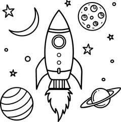 A black and white line drawing of a whimsical space scene. A cartoonish rocket ship is prominently positioned on the right side of the frame, ascending. The rocket has a pointed nose, two circular win