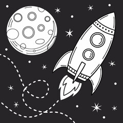 A black and white line drawing of a whimsical space scene. A cartoonish rocket ship is prominently positioned on the right side of the frame, ascending. The rocket has a pointed nose, two circular win
