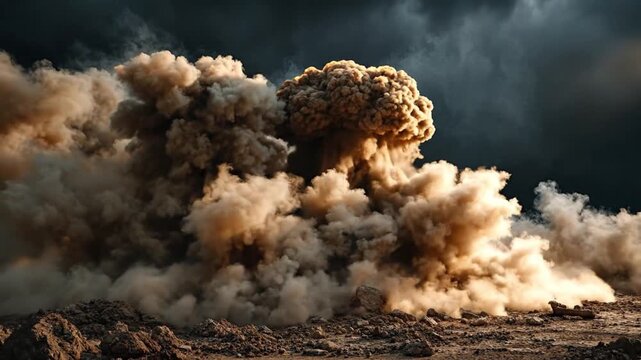 A massive explosion sends plumes of tan smoke and dust billowing into a dark stormy sky over a desolate rocky landscape - Powered by Adobe