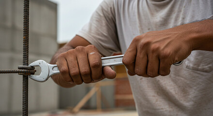 Professional worker's hands gripping a heavy wrench, a tool for maintenance and assembly.Concept of manual labor and skilled trades.