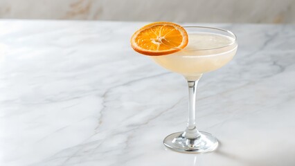 Elegant White Cocktail Garnished With Dried Orange Slice On Marble Countertop With Soft Lighting