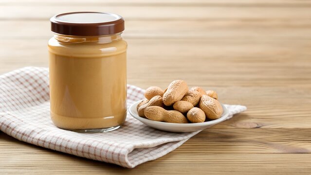 Glass Jar Filled With Creamy Peanut Butter Next to A Bowl Of Peanuts On A Wooden Table