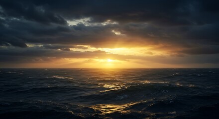 Dramatic Ocean Sunset With Powerful Rays Of Golden Sunlight Breaking Through Stormy Clouds