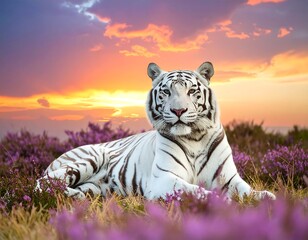 A white tiger lounges amidst purple flowers with a vibrant sunset background. Its striped fur contrasts the vivid sky