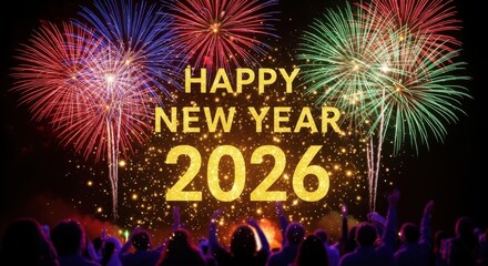 Happy new year 2026 fireworks celebration with crowd