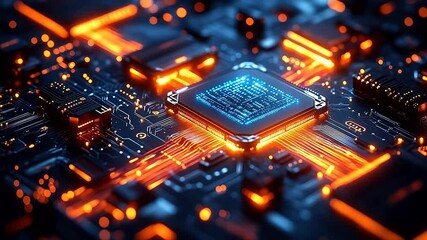 Microchip with glowing circuits - Powered by Adobe