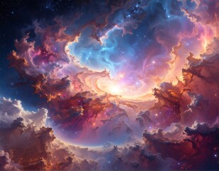 A vibrant cosmic display with swirling nebulas of orange, blue, and purple hues. Stars sparkle within a bright core