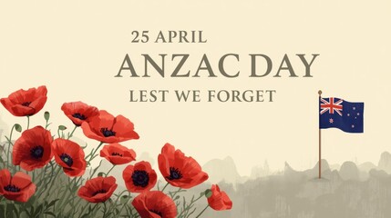 Anzac day lest we forget with red poppies and australian flag