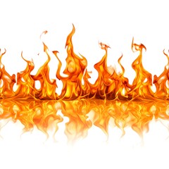 A vibrant row of burning flames, with golden hues, is reflected on a glossy white surface below. The graphic is set against a clean, white backdrop