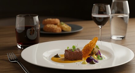 Gourmet Dish with Wine and Side Dishes