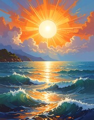 A vibrant painting of a radiant sun bursting over a wavy ocean, reflecting light. Mountains and clouds complete the coastal scene