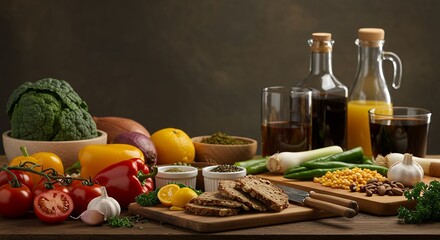 Vegetables and Food Arrangement on Wooden Table