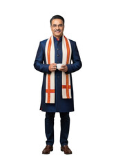 Stock photo of smiling indian man in blue sherwani holding coffee cup, wearing stole, full shot, portrait photography, isolated on transparent background