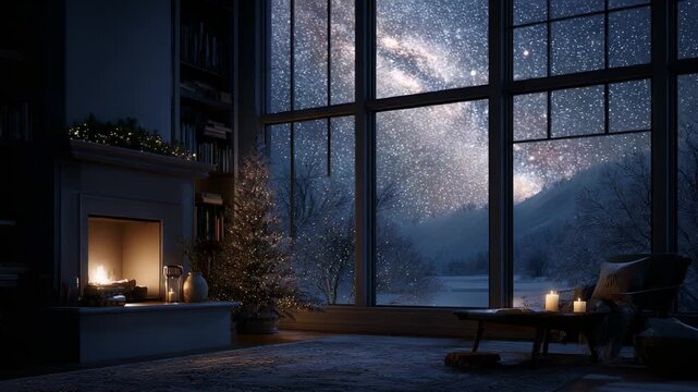 A Cozy Winter Night Scene Featuring a Beautiful Living Room with a Stunning View of a Starry Galaxy and a Calm Snowy Landscape Outside the Window, Highlighted by Warm Candlelight and Holiday Decor