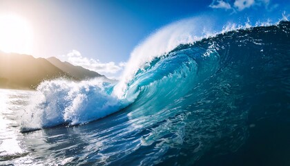 A vibrant ocean wave curls and crashes, lit by the sun's rays, forming a beautiful turquoise tunnel with mist
