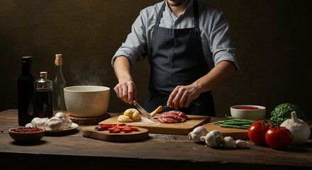 Chef Cutting Meat and Vegetables on Wooden Table