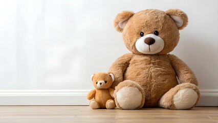 Two Brown Teddy Bears Sit Together On A Wooden Floor Against A White Wall