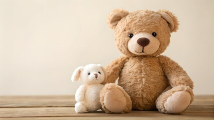 Obraz premium Two Teddy Bears One Large Brown One Small White Sitting on Wooden Surface With Soft Background