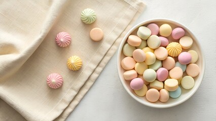 A Collection Of Pastel Colored Mints In A Bowl And On A Napkin