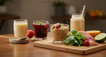 Healthy Breakfast with Fruit, Oats, and Juice