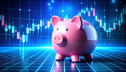 A vibrant pink piggy bank sits before a glowing digital financial graph with ascending and descending stock indicators