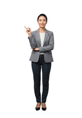 Professional asian businesswoman pointing upwards stock photo full body advertisement isolated on transparent background