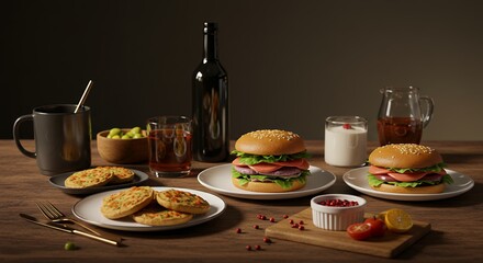 Burgers and Appetizers on a Wooden Table