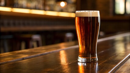 Amber Ale In A Pint Glass On A Wooden Bar Counter In A Pub With Soft Lighting