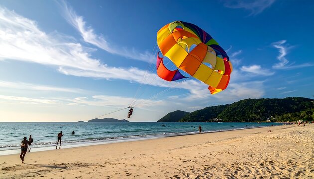 A vibrant parasail flies above turquoise waters on a sunny day. People relax on the white sandy beach, mountains in the distance