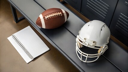 American Football Helmet and Ball on Locker Room Bench Beside Playbook White Detailed Textured Surface