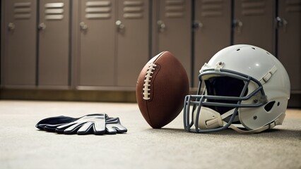 American Football Helmet Gloves and Ball on Locker Room Floor in Dim Light