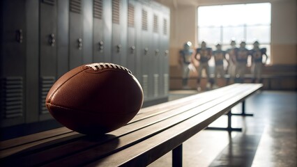 American Football Resting On Locker Room Bench With Players In Background