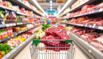 Shopping Cart Full of Fresh Beef Steaks and Produce in Supermarket Aisle