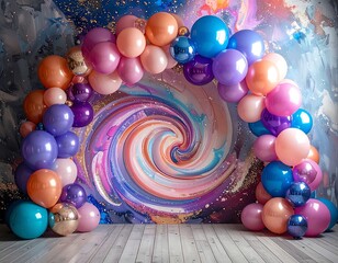 Colorful balloons form an arch in front of a painted backdrop