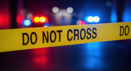 Intense crime scene investigation with police lights flashing and vivid do not cross tape for impactful true crime documentaries and suspenseful thrillers