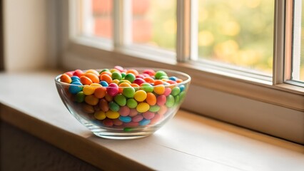 Bowl Of Colorful Candies On A Window Sill With Autumn Leaves Outside