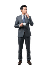 Thoughtful asian businessman in suit holding coffee cup posing full body portrait isolated on transparent background