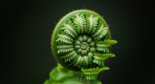 Close up of a vibrant green fern frond unfurling