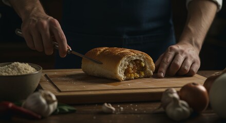 Cutting Stuffed Bread with Ingredients