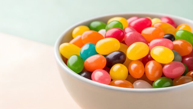 Close up of a white bowl filled with colorful assorted jelly beans on a pastel background