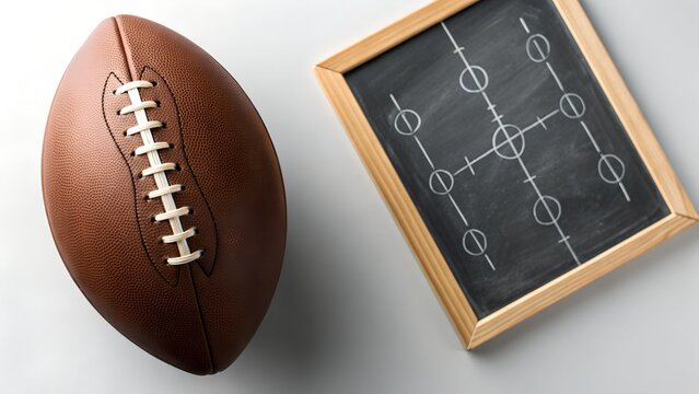 Close up of American football next to chalkboard with play diagram strategic game plan on white background