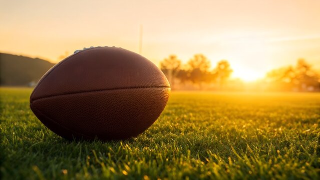 Close up of American football on green grass with warm sunrise backlighting soft focus background trees and sky - Powered by Adobe