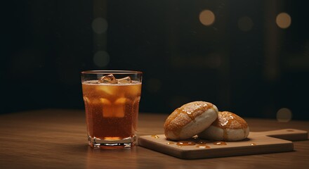Iced Tea with Pastries on Wooden Board