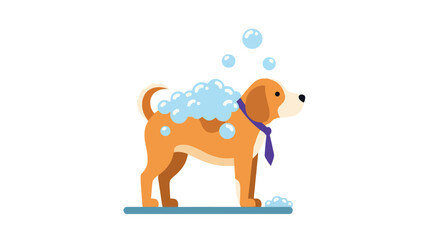 Obraz premium A brown and white dog covered in blue suds and bubbles wearing a purple tie stands on a blue mat