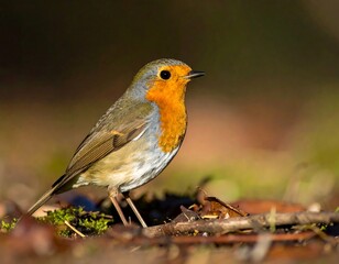 A vibrant small bird with orange breast feathers and striking yellow eye ring, stands on the ground, bathed in sunlight