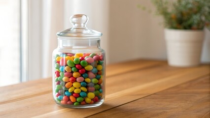 Colorful Jelly Beans In A Glass Jar On A Wooden Table With Natural Light