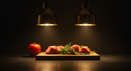 Raw Meat and Tomato on a Wooden Board