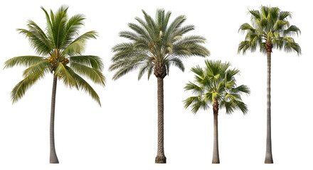 Tropical palm tree assortment on transparent background showcasing coconut phoenix and fan palms for landscape designs and summer themed projects highlighting exotic vegetation and holiday vibes,