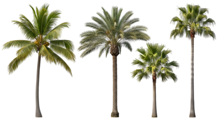 Tropical palm tree assortment on transparent background showcasing coconut phoenix and fan palms for landscape designs and summer themed projects highlighting exotic vegetation and holiday vibes,
