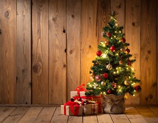 Decorated Christmas tree with presents in front of a rustic wooden wall